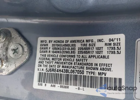 2011 Honda Cr-V Se z USA, uszkodzony, nr VIN 5J6RE4H43BL067050